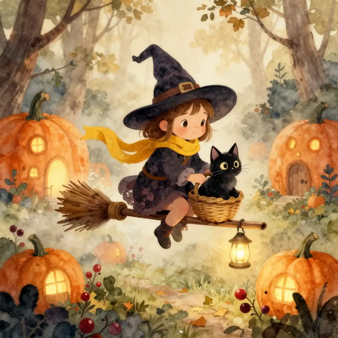 Eine junge Hexe und ihre schwarze Katze fliegen durch einen herbstlichen Wald