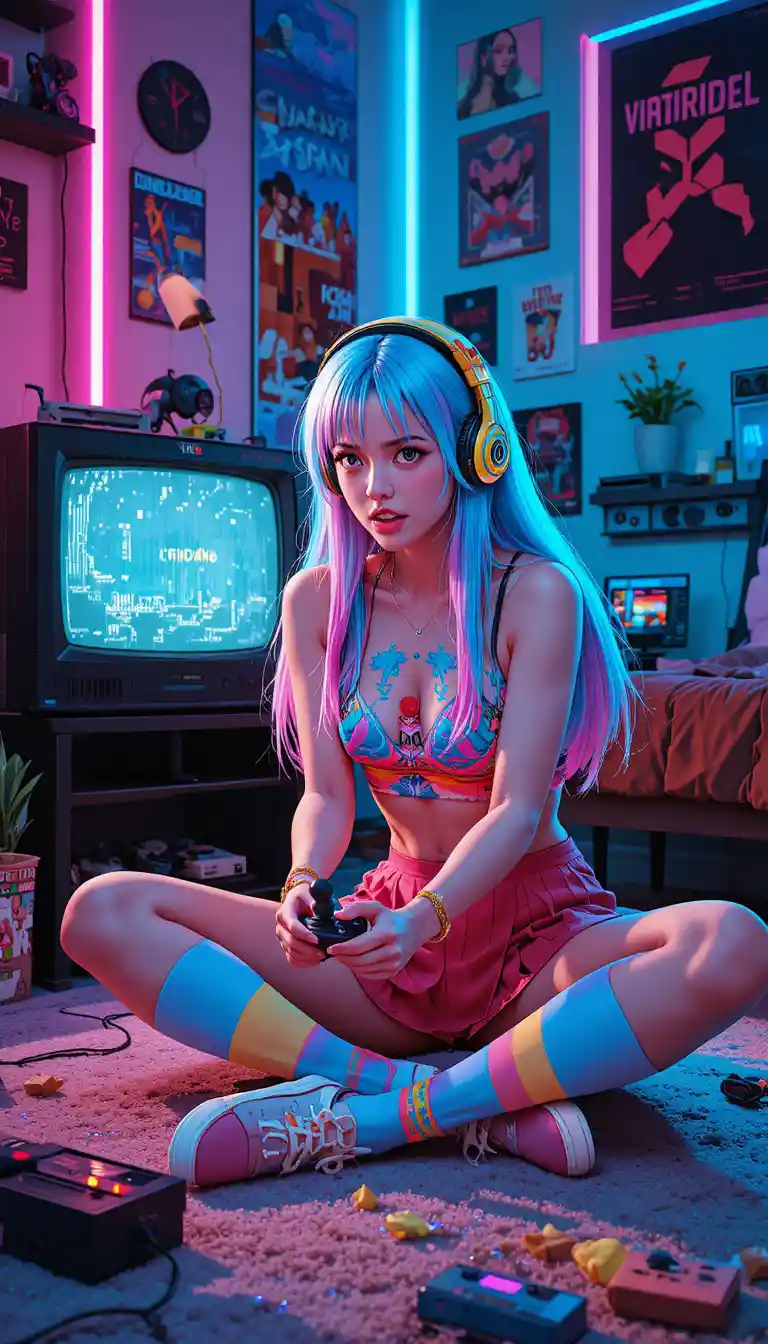 Anime Gamer Plays a Vintage Console in a Colorful Bedroom