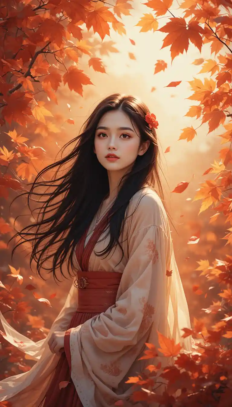 A young Japanese woman surrounded by sweeping autumn leaves