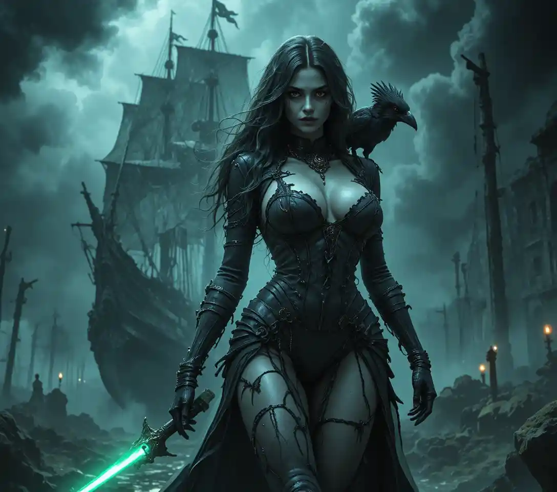Undead pirate queen stands before a shadowy ghost ship