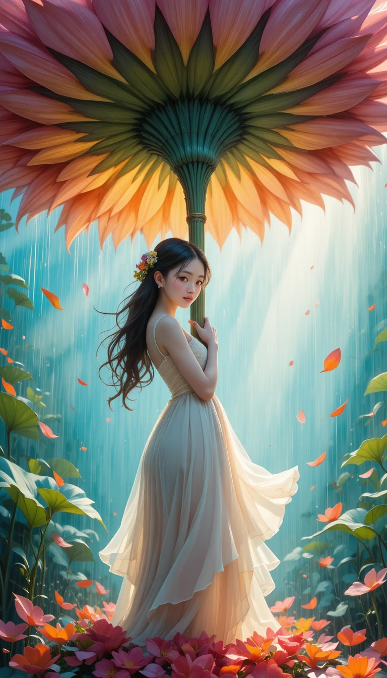 A Young Girl Shelters Beneath a Giant Flower in Heavy Rain