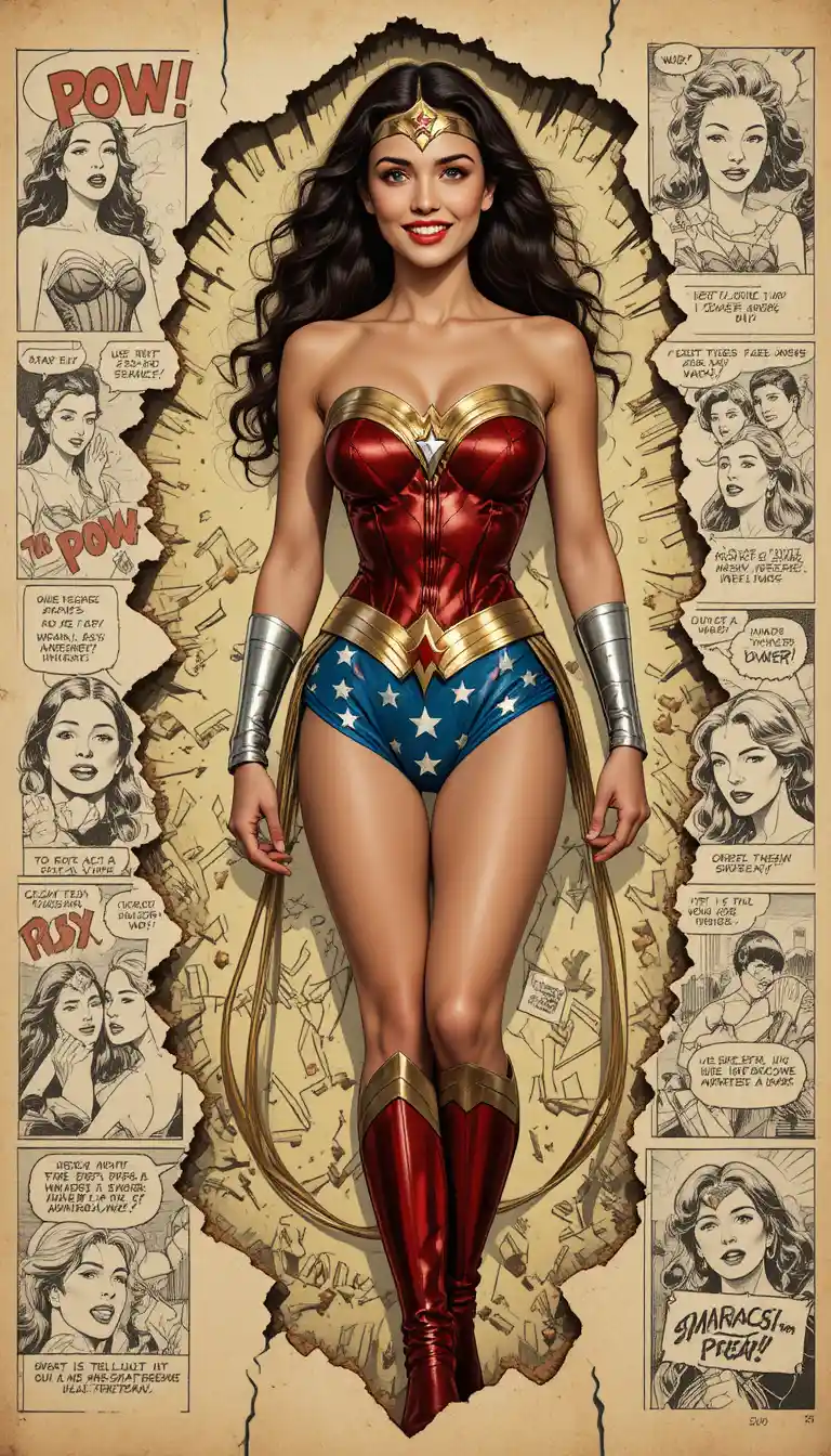 Wonder Woman stands confidently within a vintage comic book world