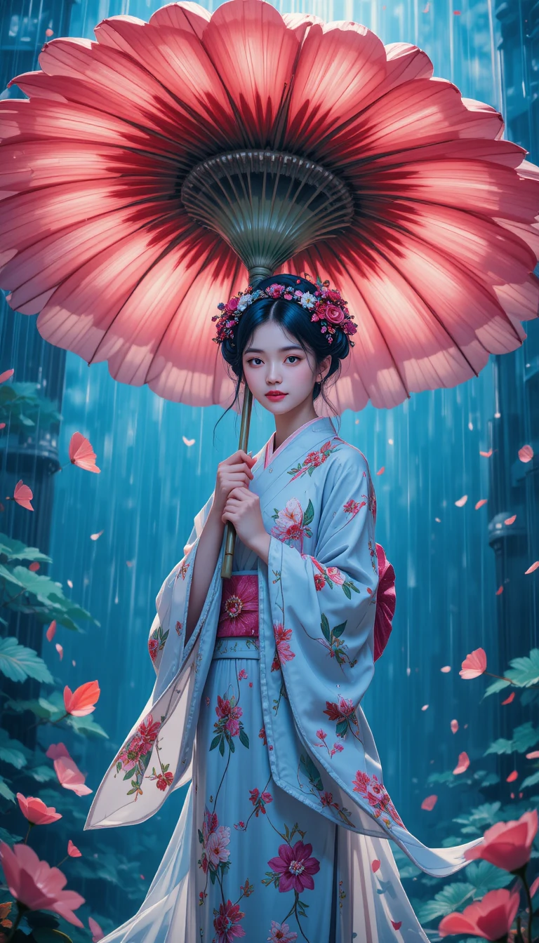 A Japanese girl shelters beneath a giant flower during torrential rain
