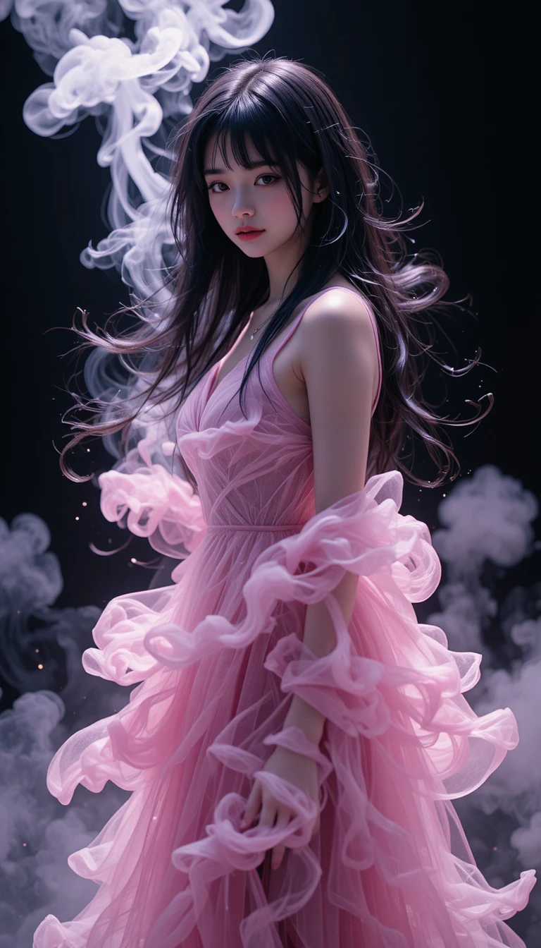 검은 배경 속 분홍빛 연기에 둘러싸인 일본 아이돌