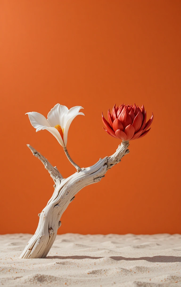 A Curving Driftwood Branch Holds Two Glossy Ceramic Flowers Against Orange