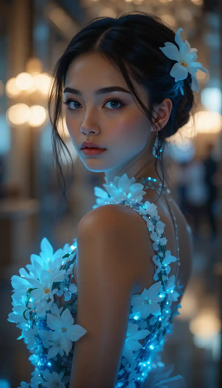 A young woman in a glowing blue dress with glasslike flowers