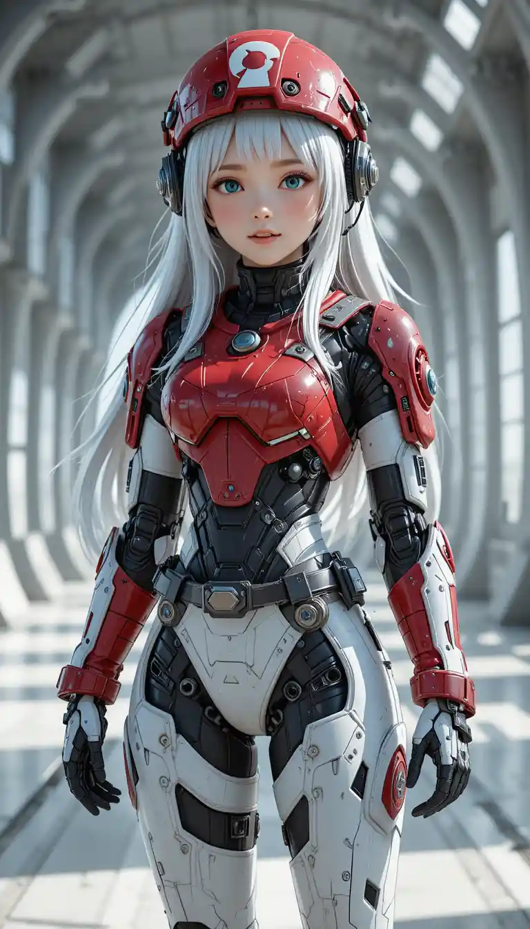 Fille d’anime pilote de mecha en armure rouge et blanche