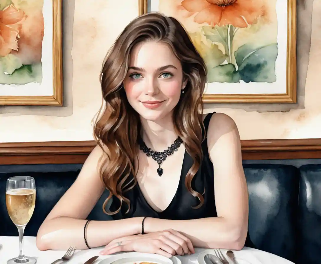 Eine Frau lächelt, während sie an einem Restauranttisch mit einem Champagnerkorken hantiert