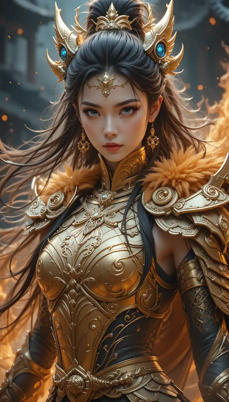 Chinese Girl Warrior in Golden Dragon Scale Armor with Electric Blue Eyes