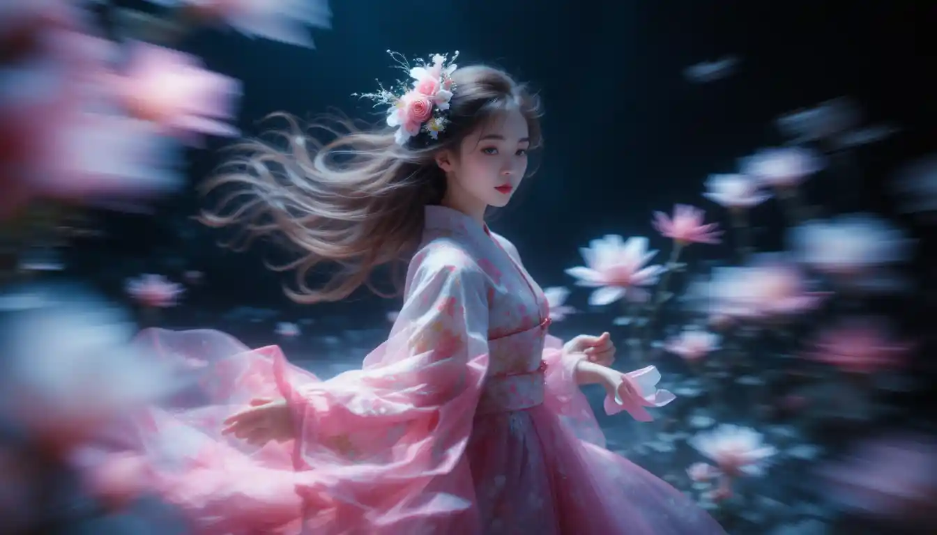 Eine junge Japanerin im Kimono, umgeben von Blüten