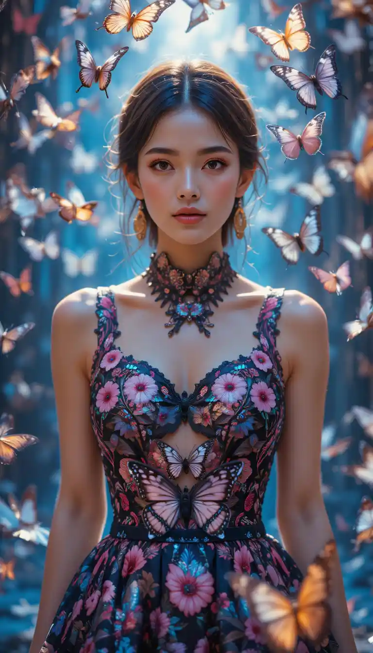 A young Japanese woman surrounded by butterflies in an editorial portrait