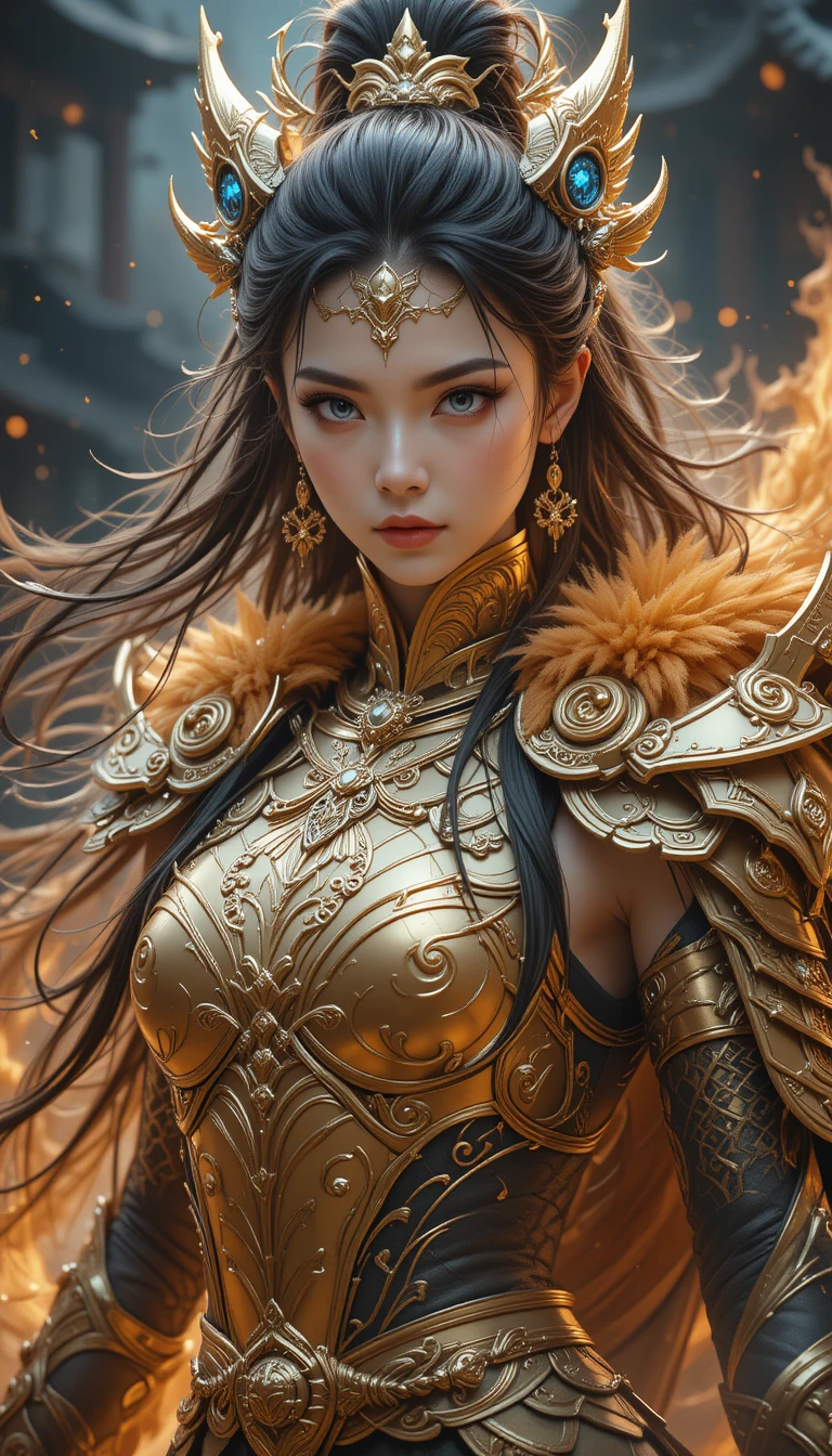 Chinese Girl Warrior in Golden Dragon Scale Armor with Electric Blue Eyes