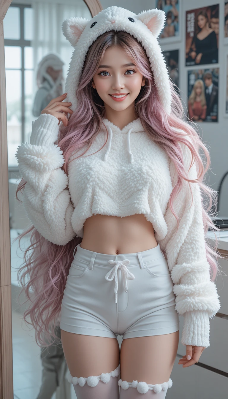 Una chica coreana sonríe con rizos arcoíris y un conjunto blanco y mullido