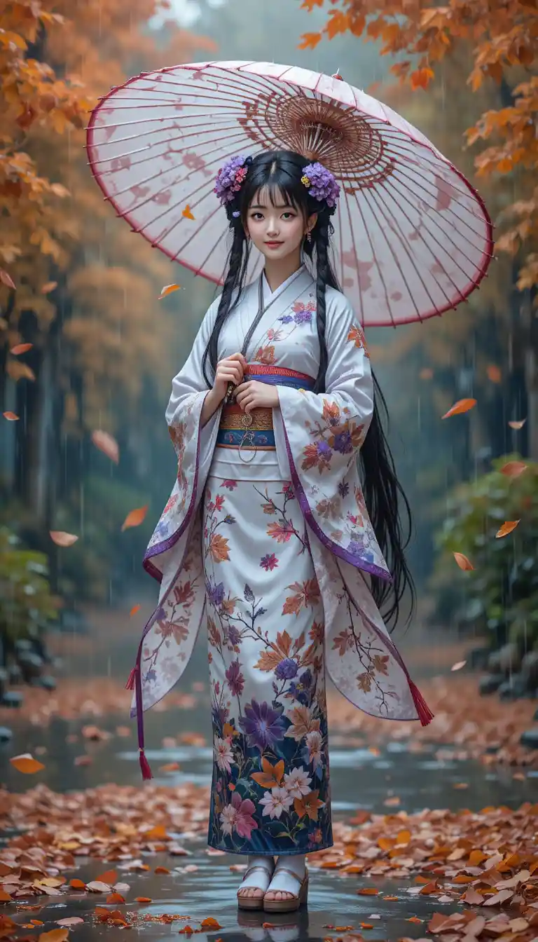 A girl in an embroidered kimono holds an umbrella beneath falling autumn leaves