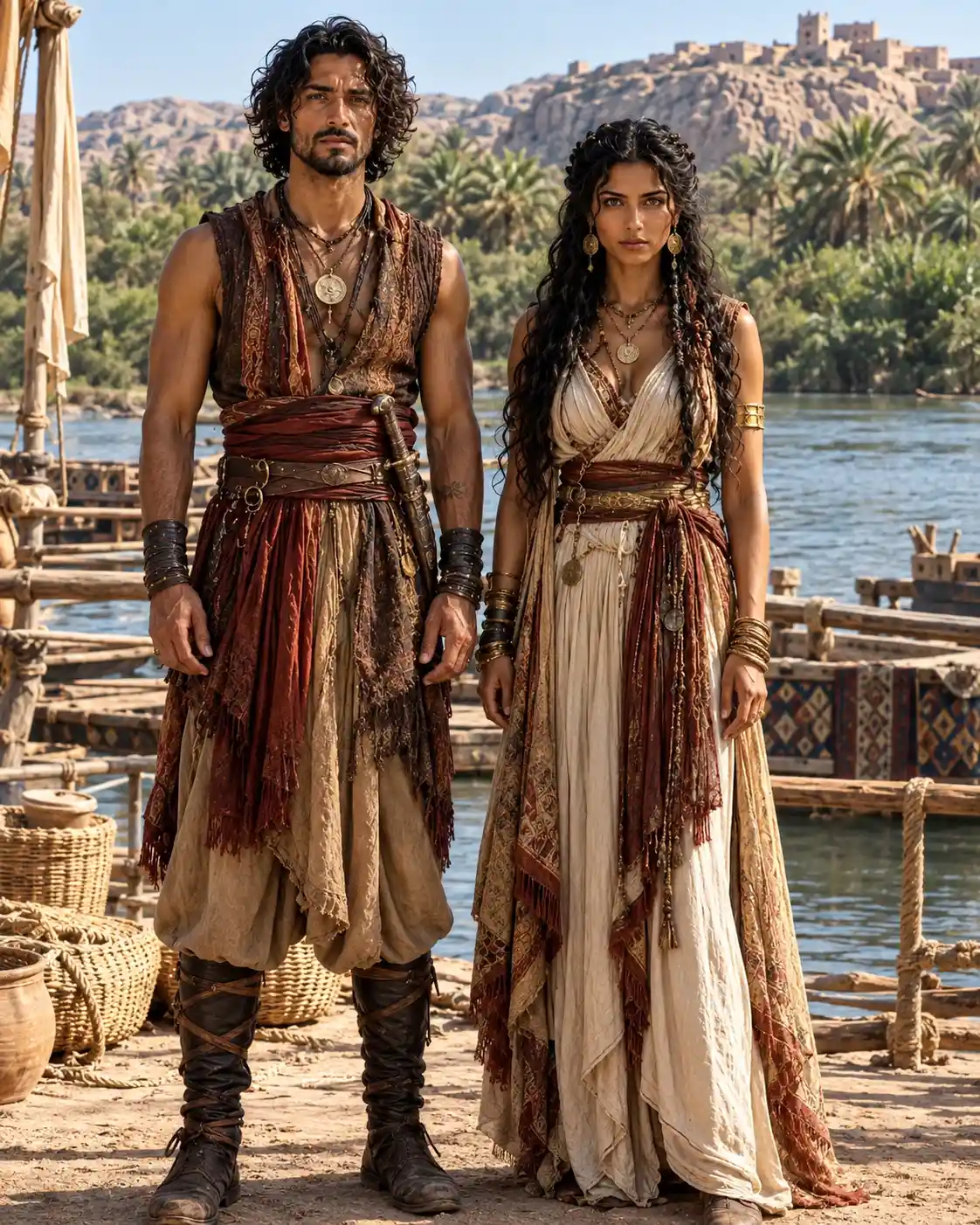 Two figures stand before a sunlit riverside settlement in historical fantasy attire