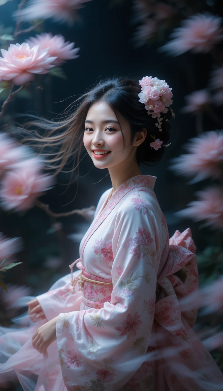 A Blurred Portrait of a Japanese Girl Moving Among Pink and White Flowers