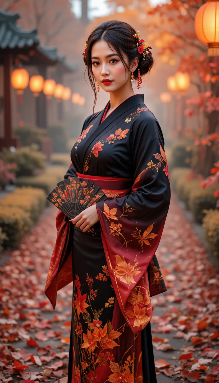 A mature Japanese woman in a black furisode at an autumn garden