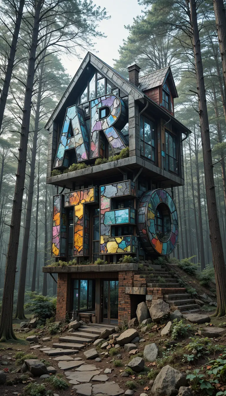 Une maison de trois étages aux formes de lettres entrelacées s’élève au-dessus des arbres de la forêt