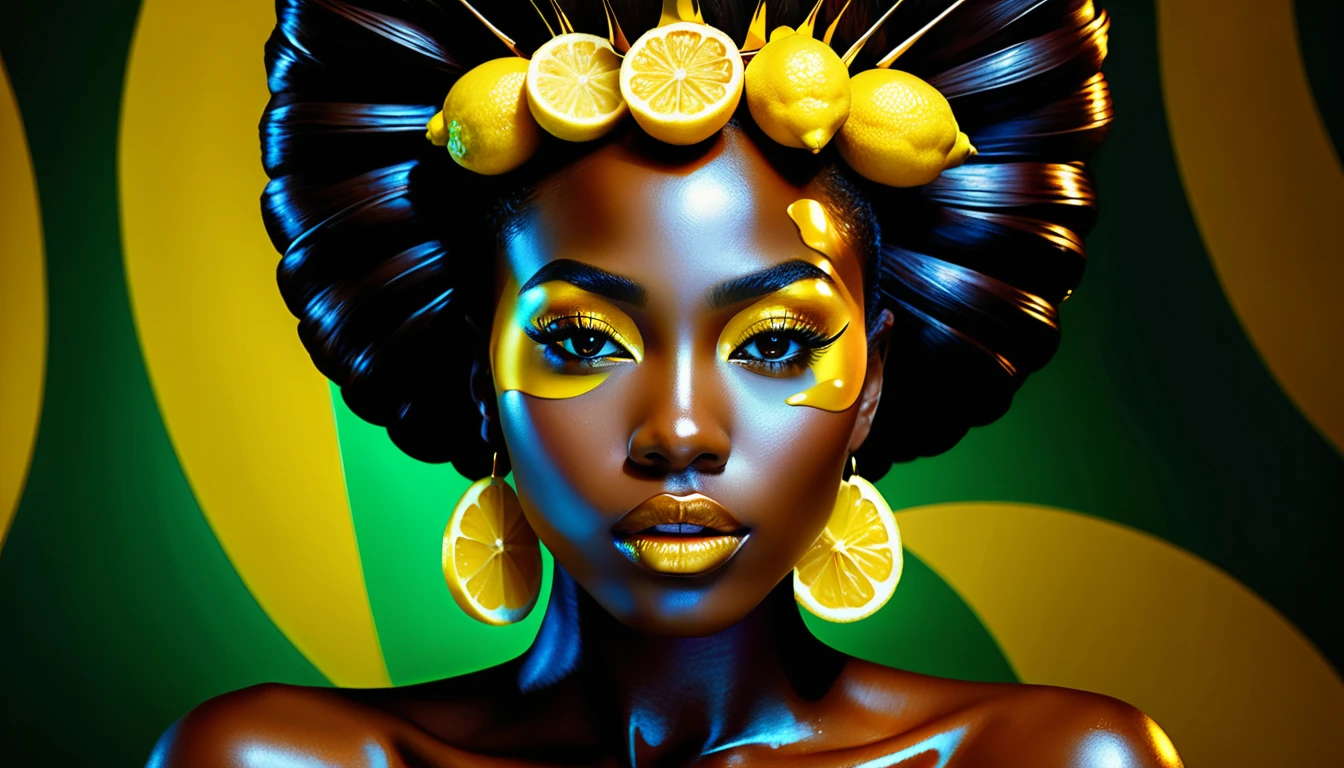 A woman wears a towering crown of lemons in a golden portrait