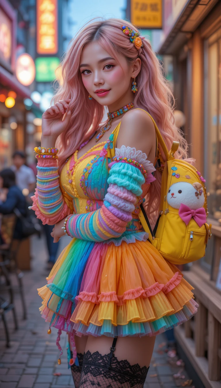 A Japanese woman smiles and poses in a colorful frilled dress in town