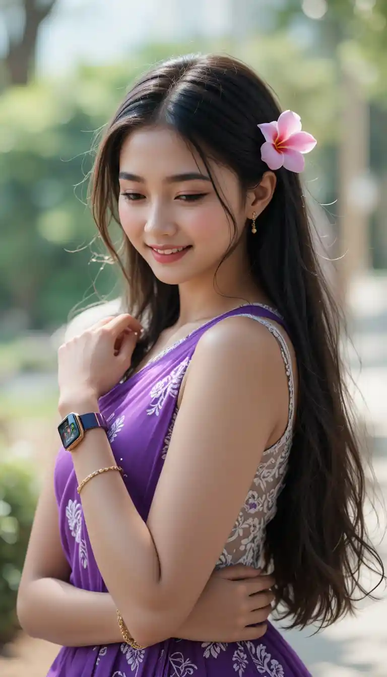 A young Indian woman smiles shyly in an embroidered purple saree