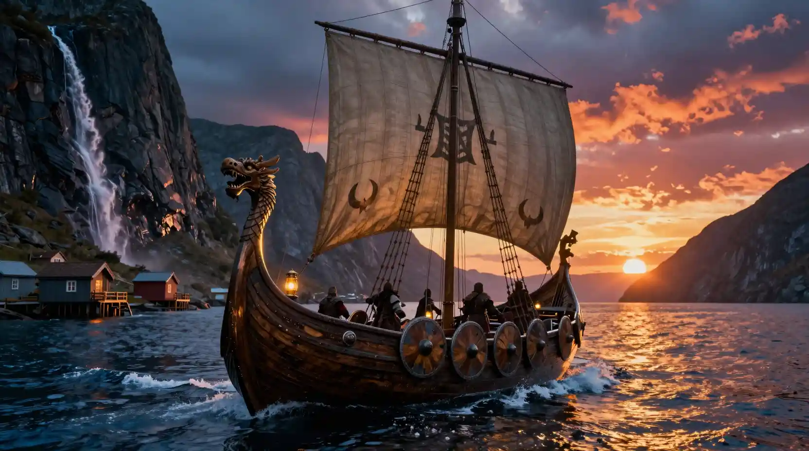 A Viking Longship Sails Through A Fjord Beneath The Setting Sun