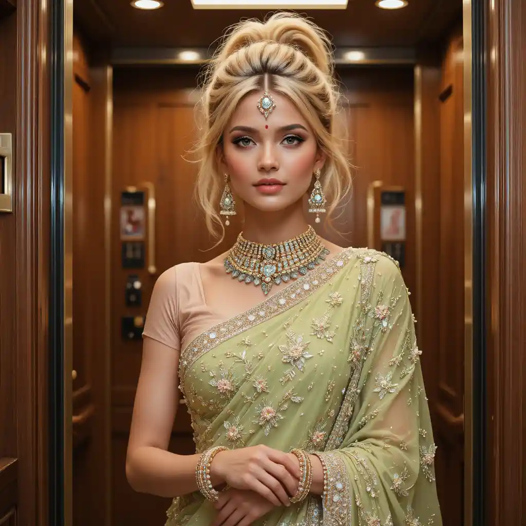 Mulher loira posa em um elevador de madeira usando um sári ornamentado
