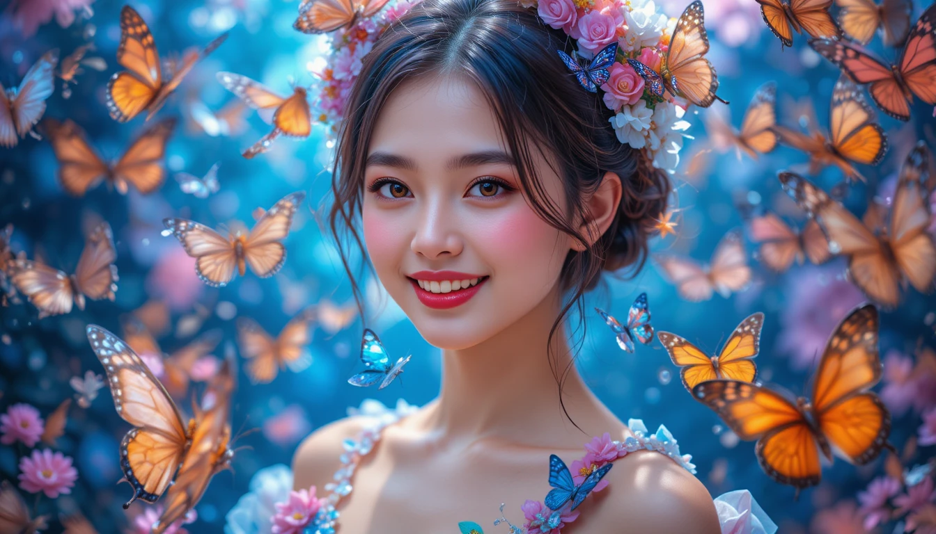 A young Japanese woman smiles among butterflies in an editorial portrait