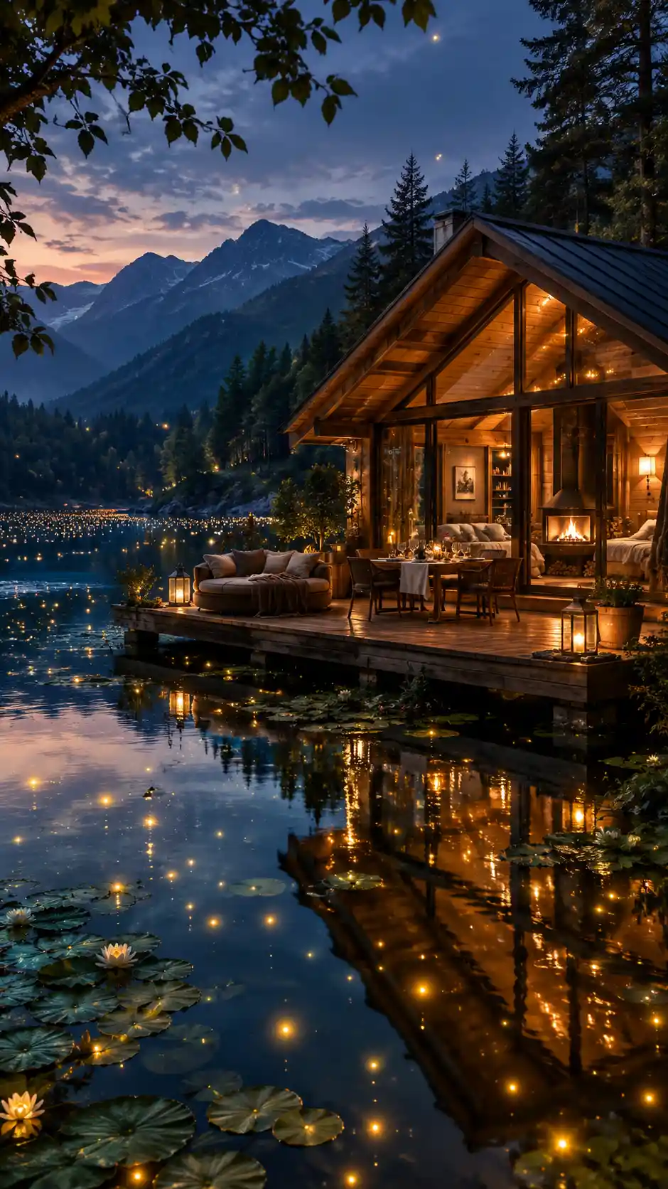 Une cabane de glamping en bois flotte sur un lac paisible au cœur de la forêt