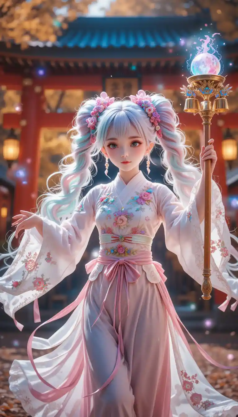 A Fantasy Girl Performs a Shrine Dance Beneath Glowing Lanterns at Night