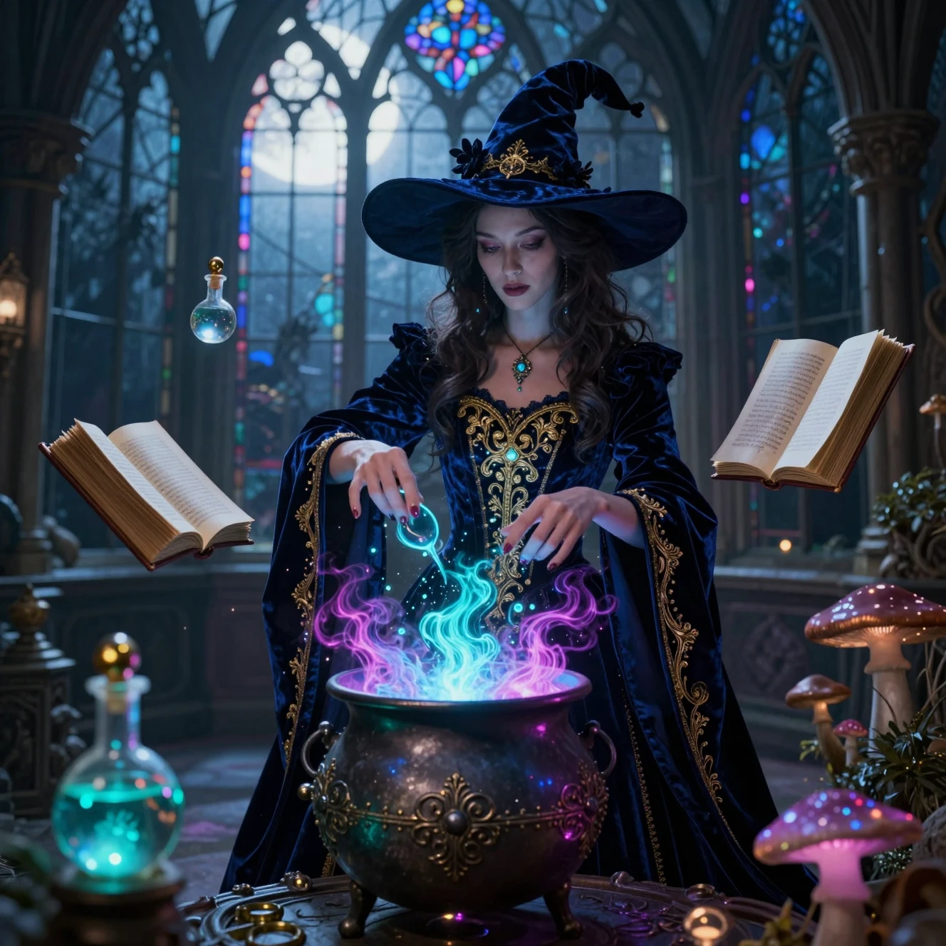 An ethereal witch brews magic inside a moonlit gothic greenhouse