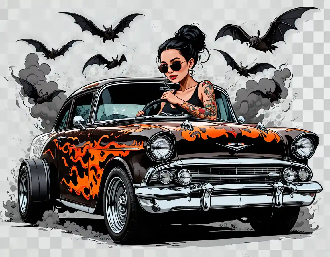 Young woman drives a flame-decorated classic car in retro comic style
