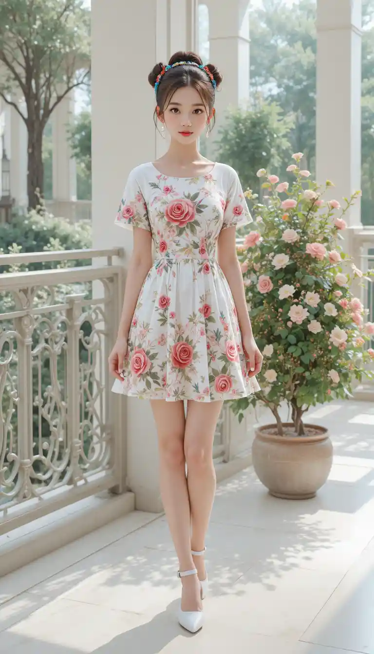 Una chica con un vestido blanco de flores está junto a unas rosas en un balcón