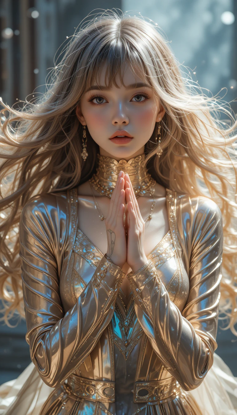 A girl with silver and gold hair floats with her hands concealed