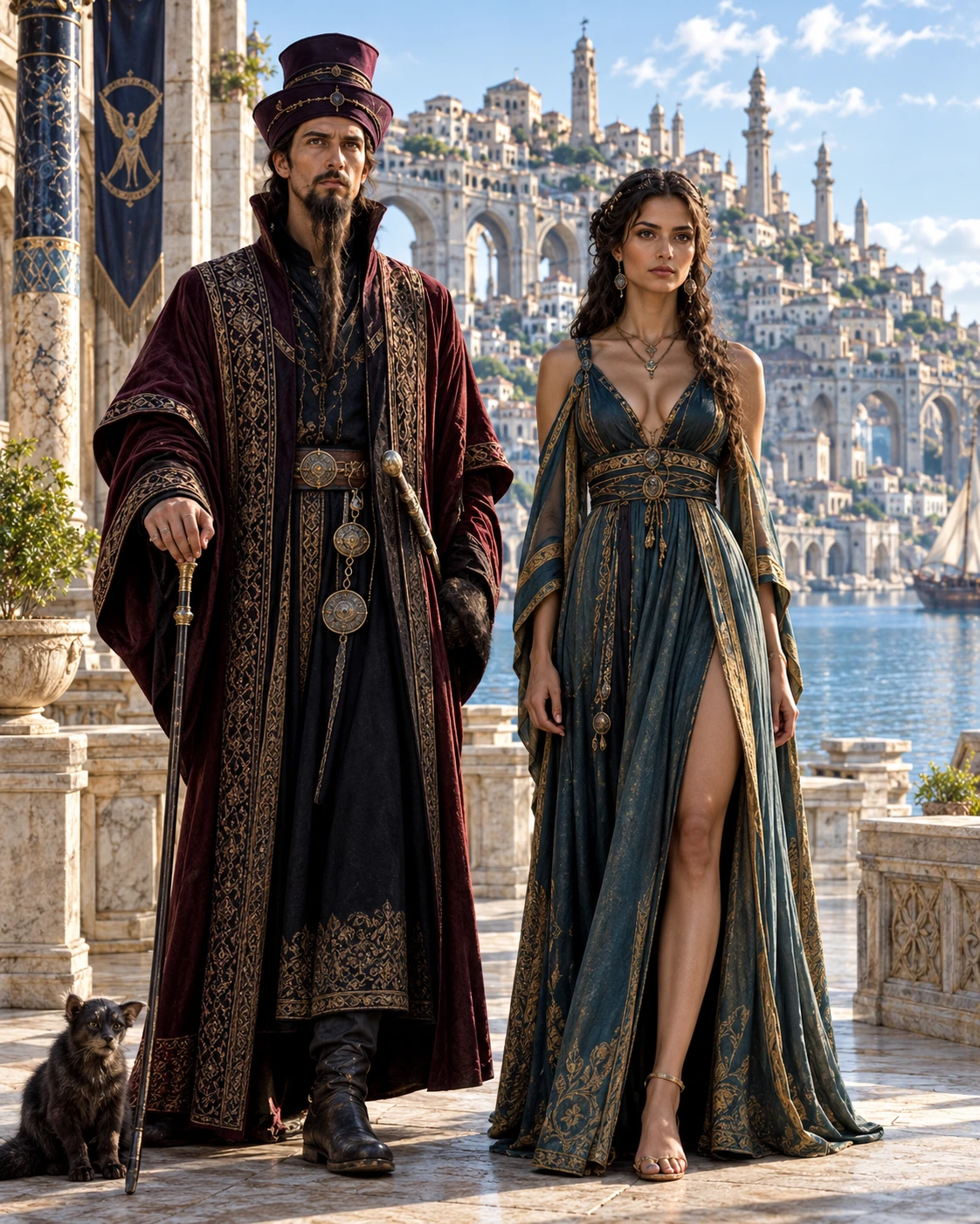 Two Ornately Dressed Adults Stand Beside a Canal Before a Hilltop City