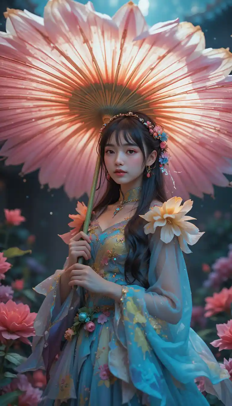 A young Japanese girl holds a giant flower like an umbrella