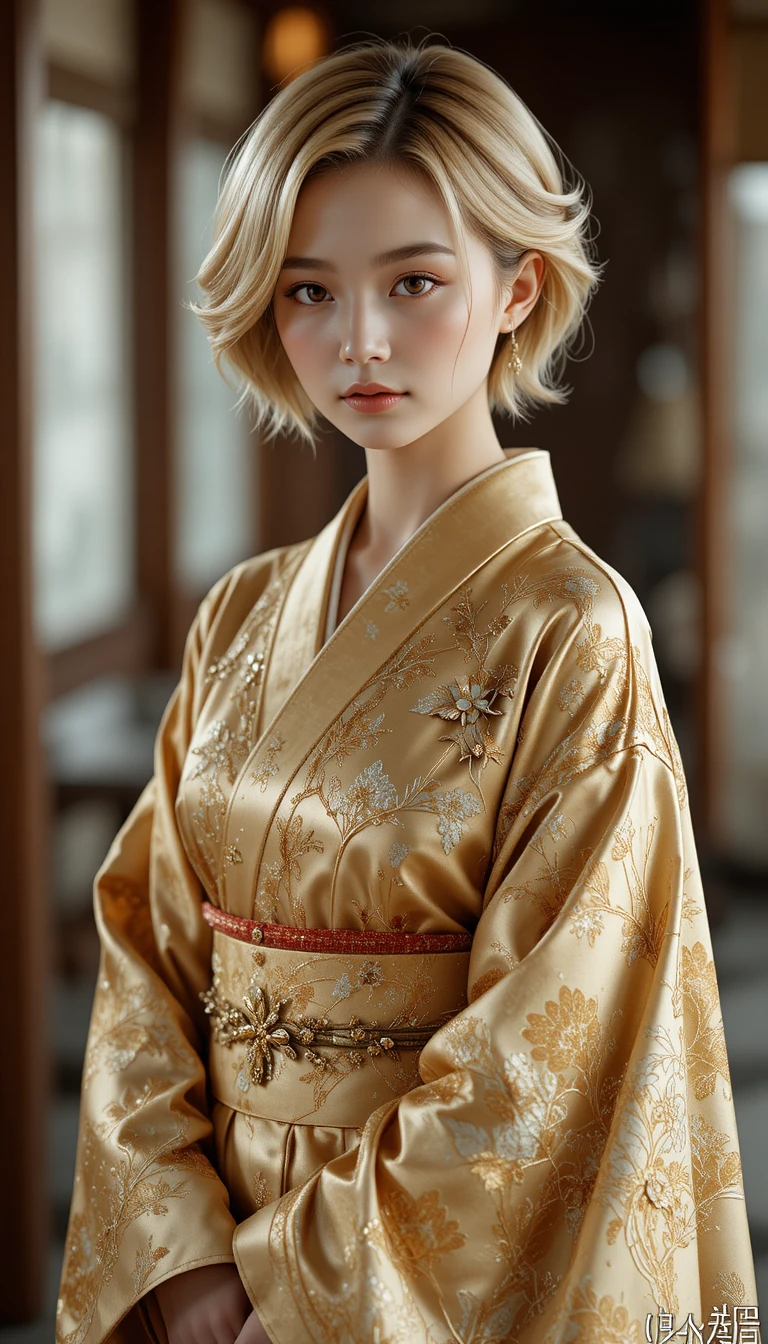 A young Japanese woman poses in an embroidered gold kimono