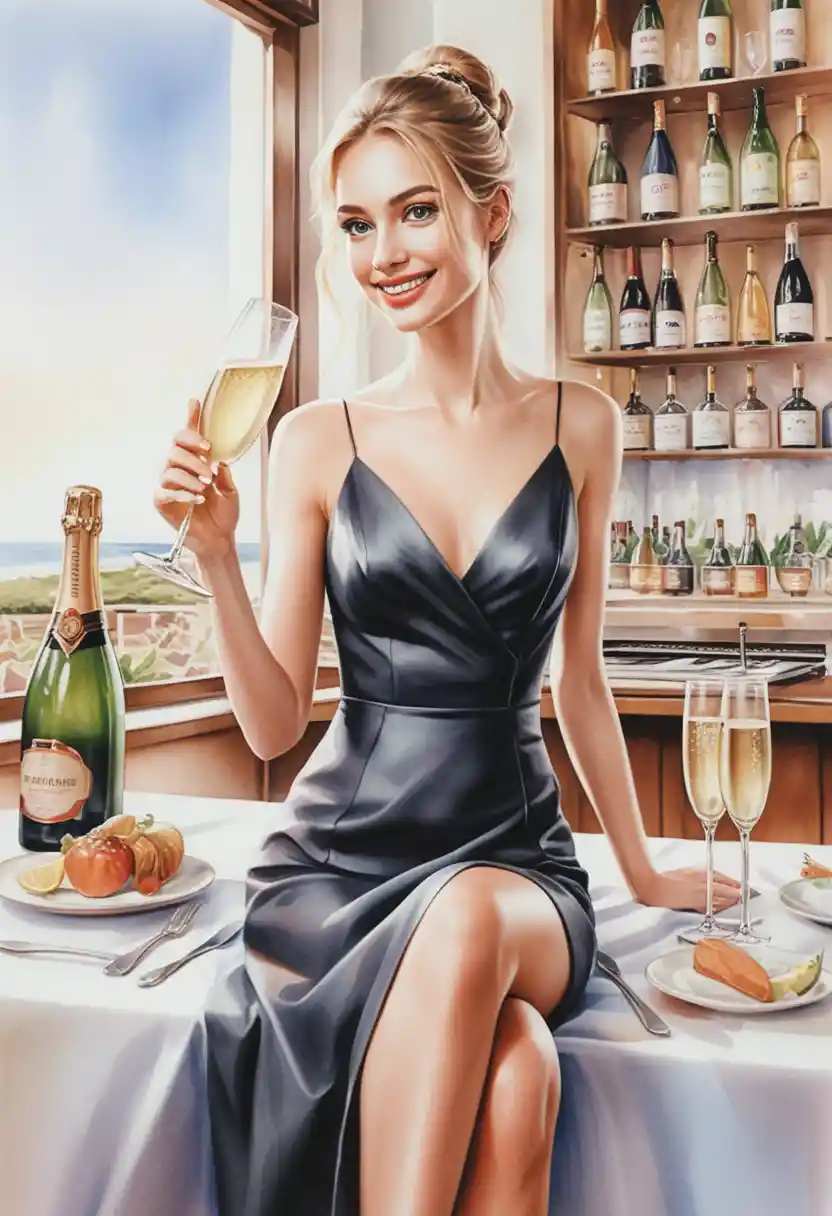 Eine Frau erhebt bei einer Feier im Restaurant ein Glas Champagner