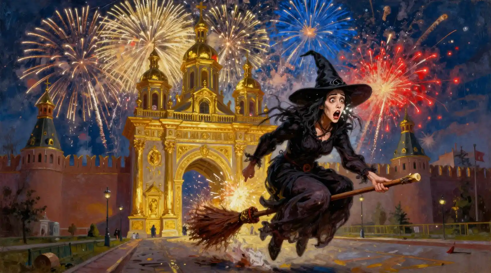 A Witch on a Broomstick Is Repelled Outside the City Gates