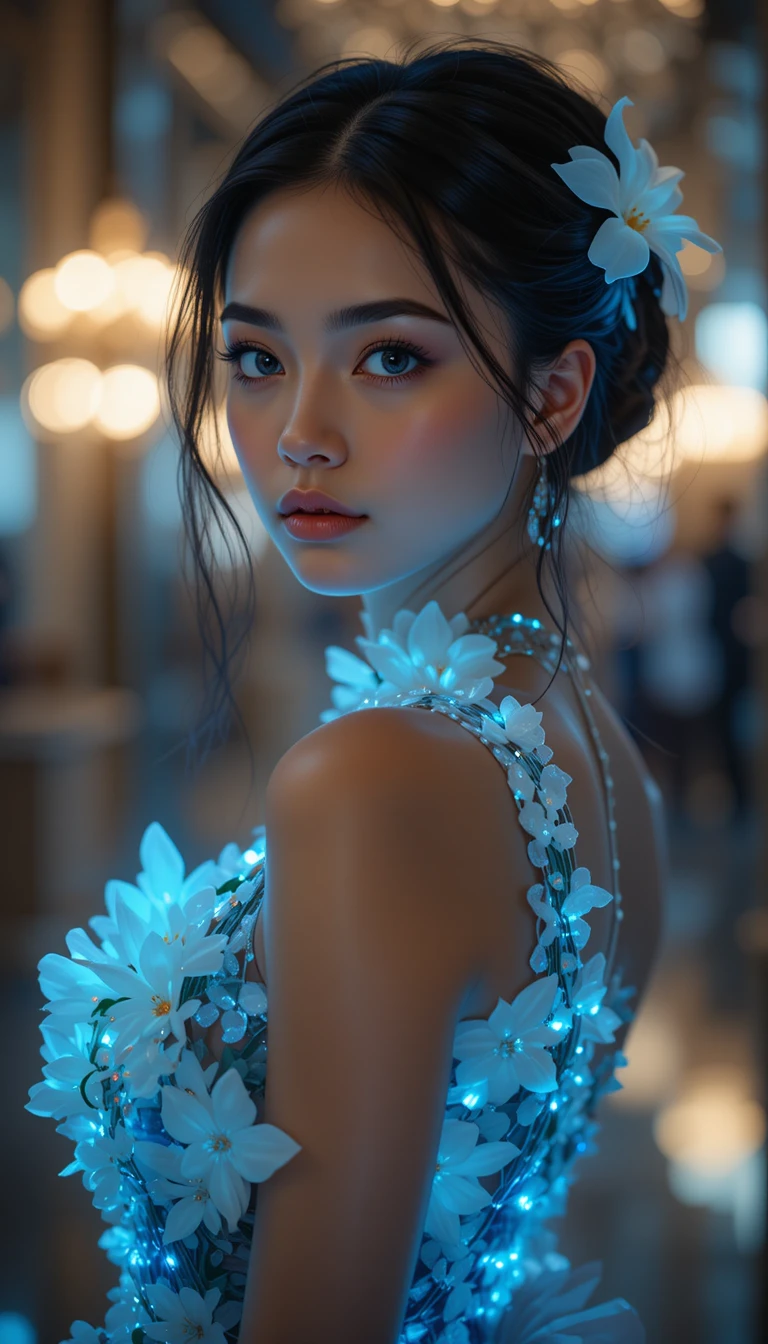 A young woman in a glowing blue dress with glasslike flowers