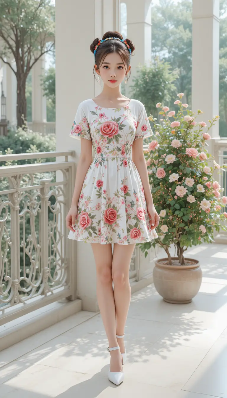 Una chica con un vestido blanco de flores está junto a unas rosas en un balcón