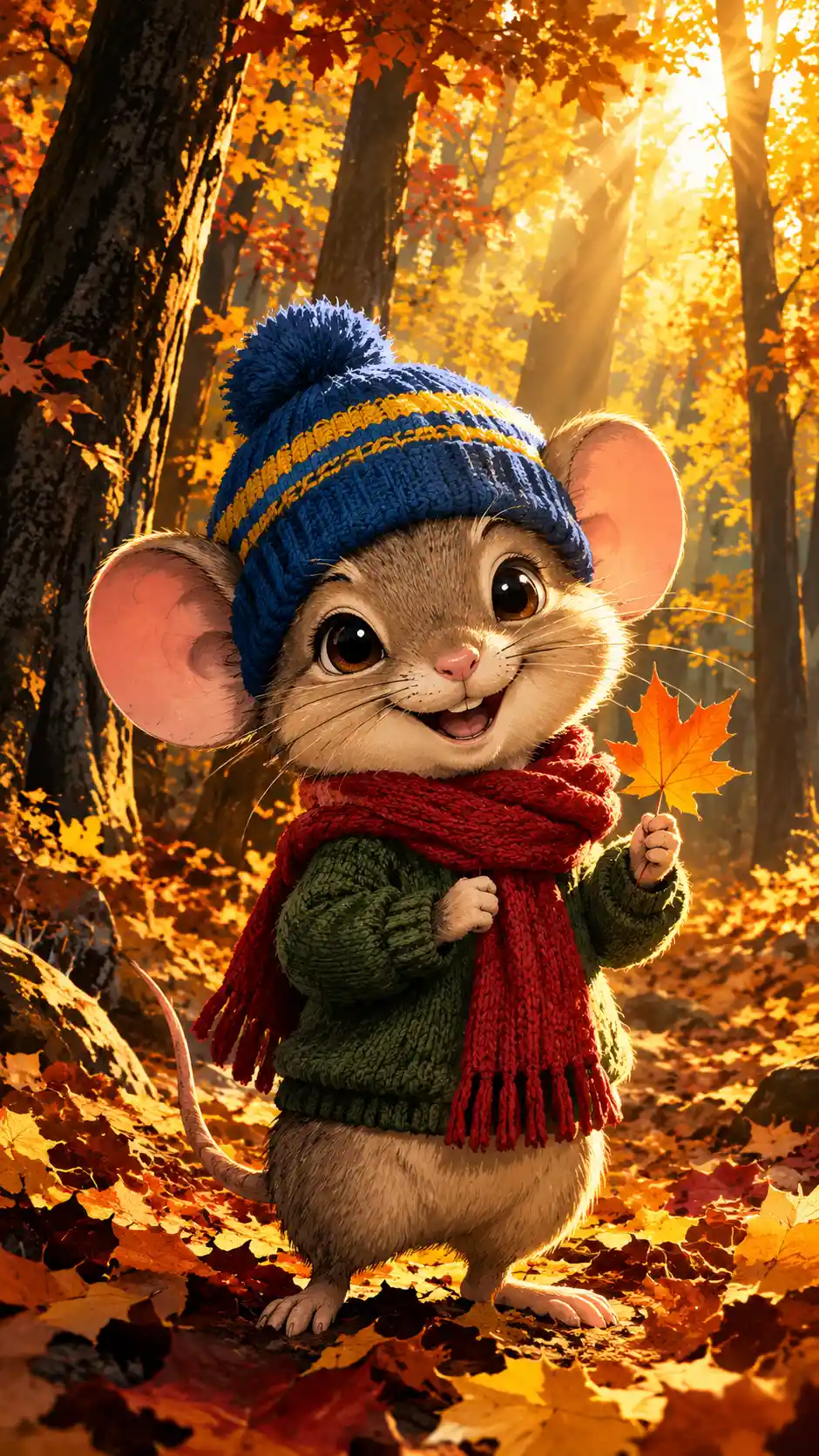 A Cheerful Mouse Holds a Maple Leaf in an Autumn Forest