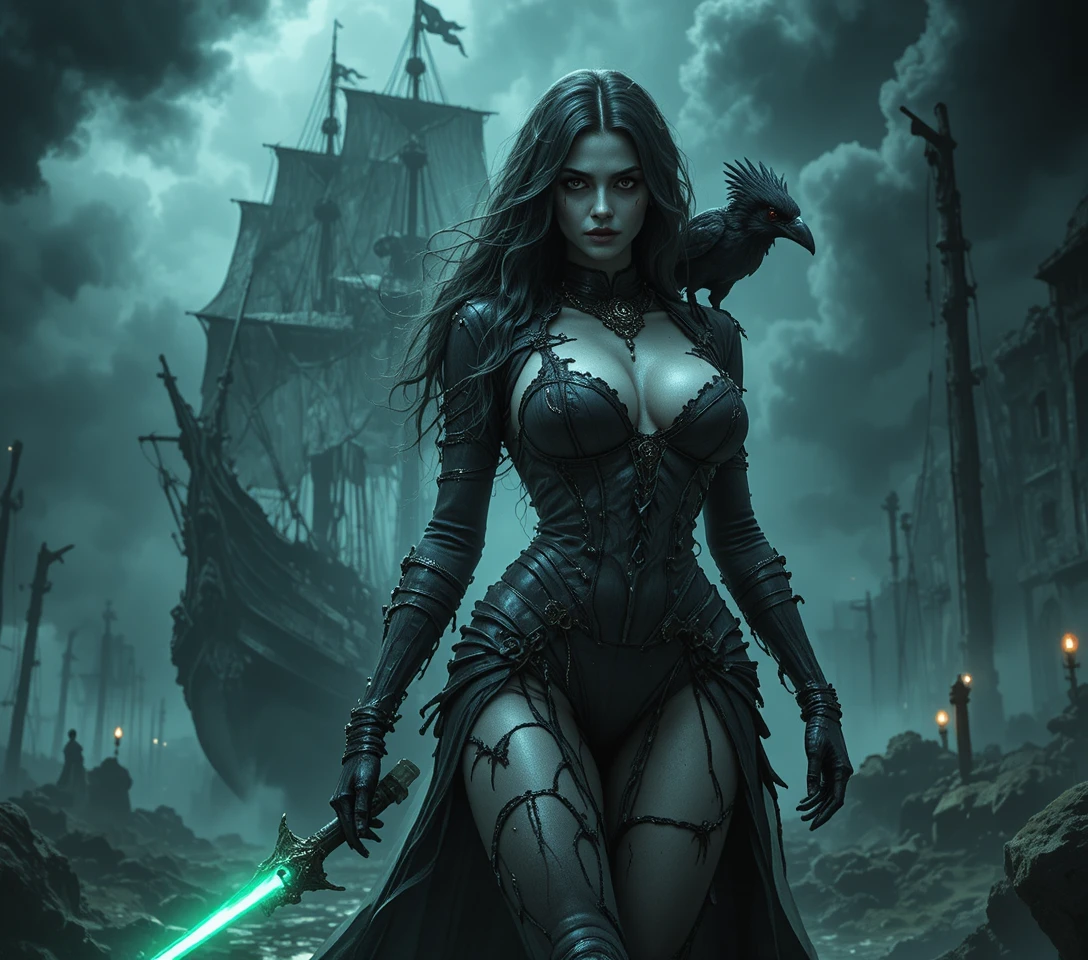 Undead pirate queen stands before a shadowy ghost ship