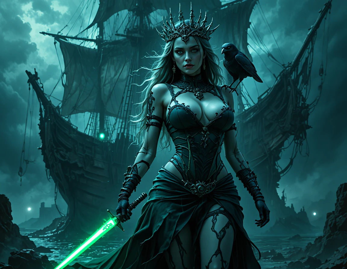 Undead pirate queen stands before a shadowy ghost ship