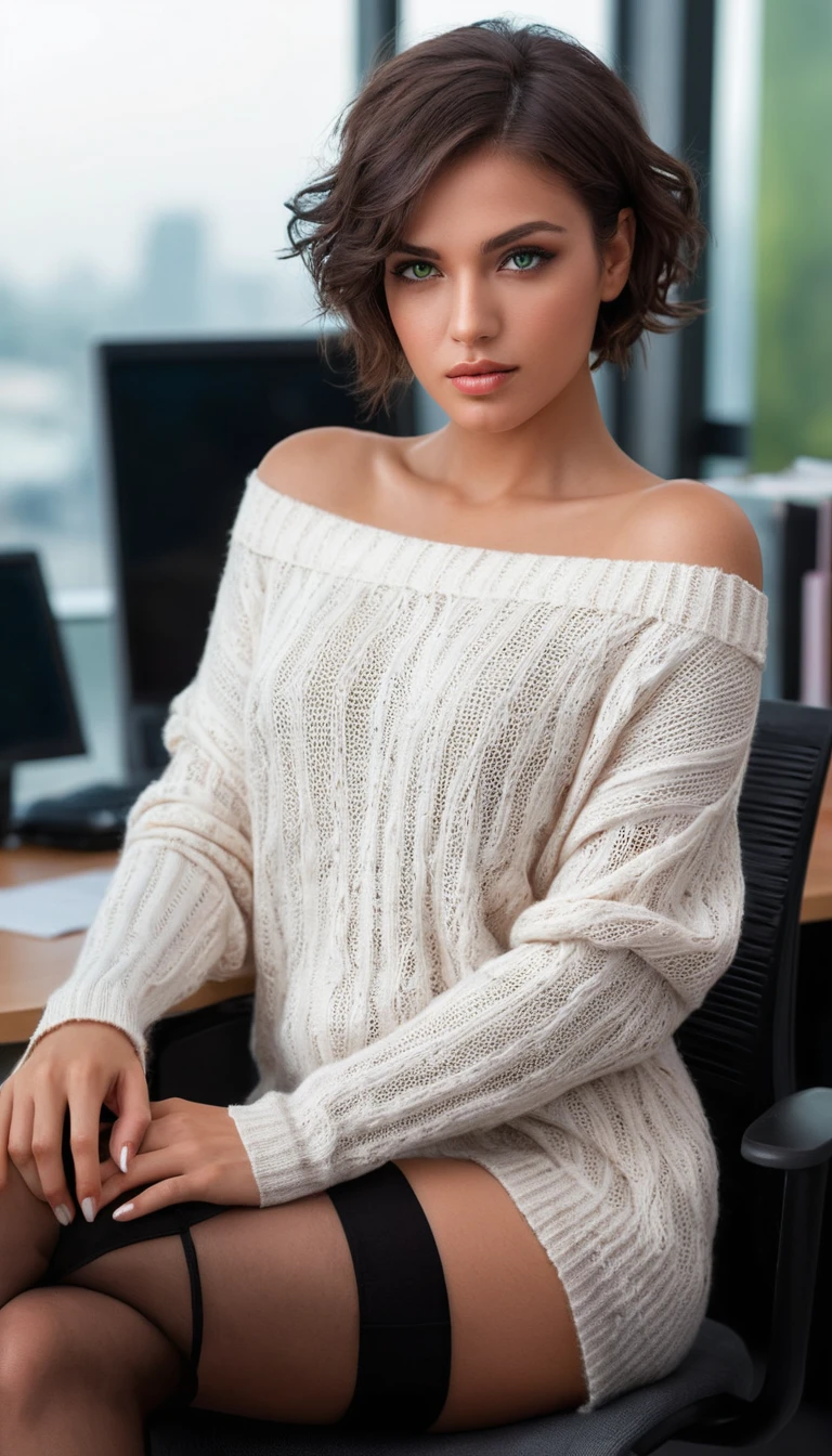 A young woman sits in a white sweater in a fantasy office