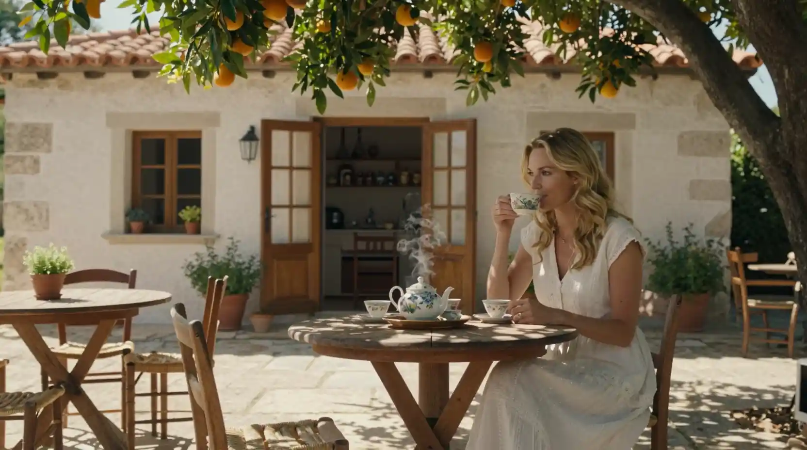 A blonde woman enjoys afternoon tea on a sunlit cottage patio