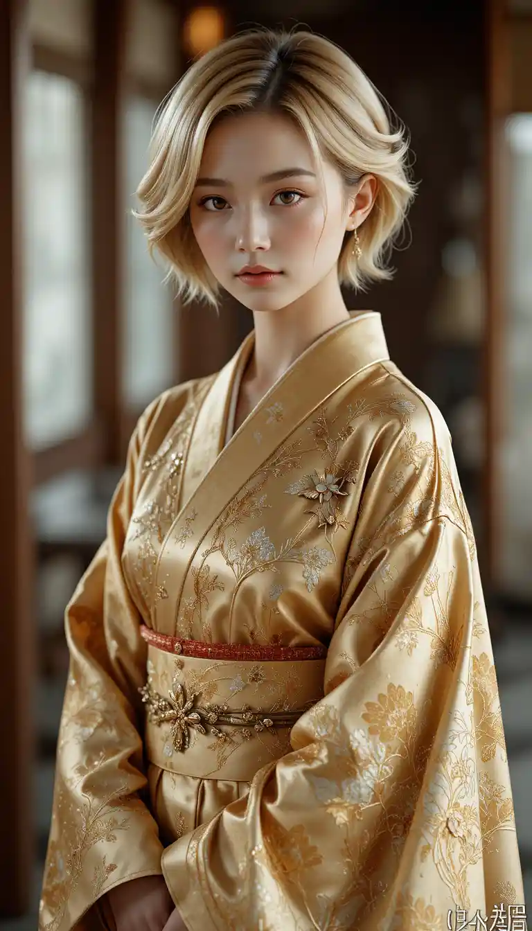 A young Japanese woman poses in an embroidered gold kimono