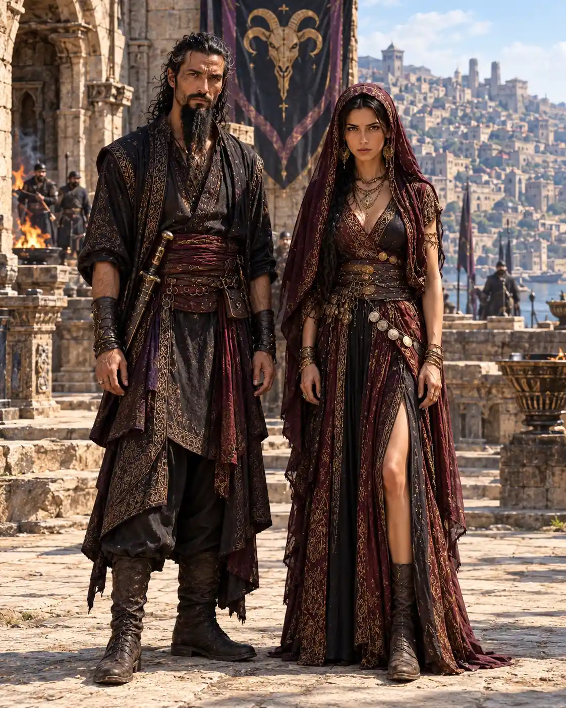 A fantasy couple stands before an ancient stone city