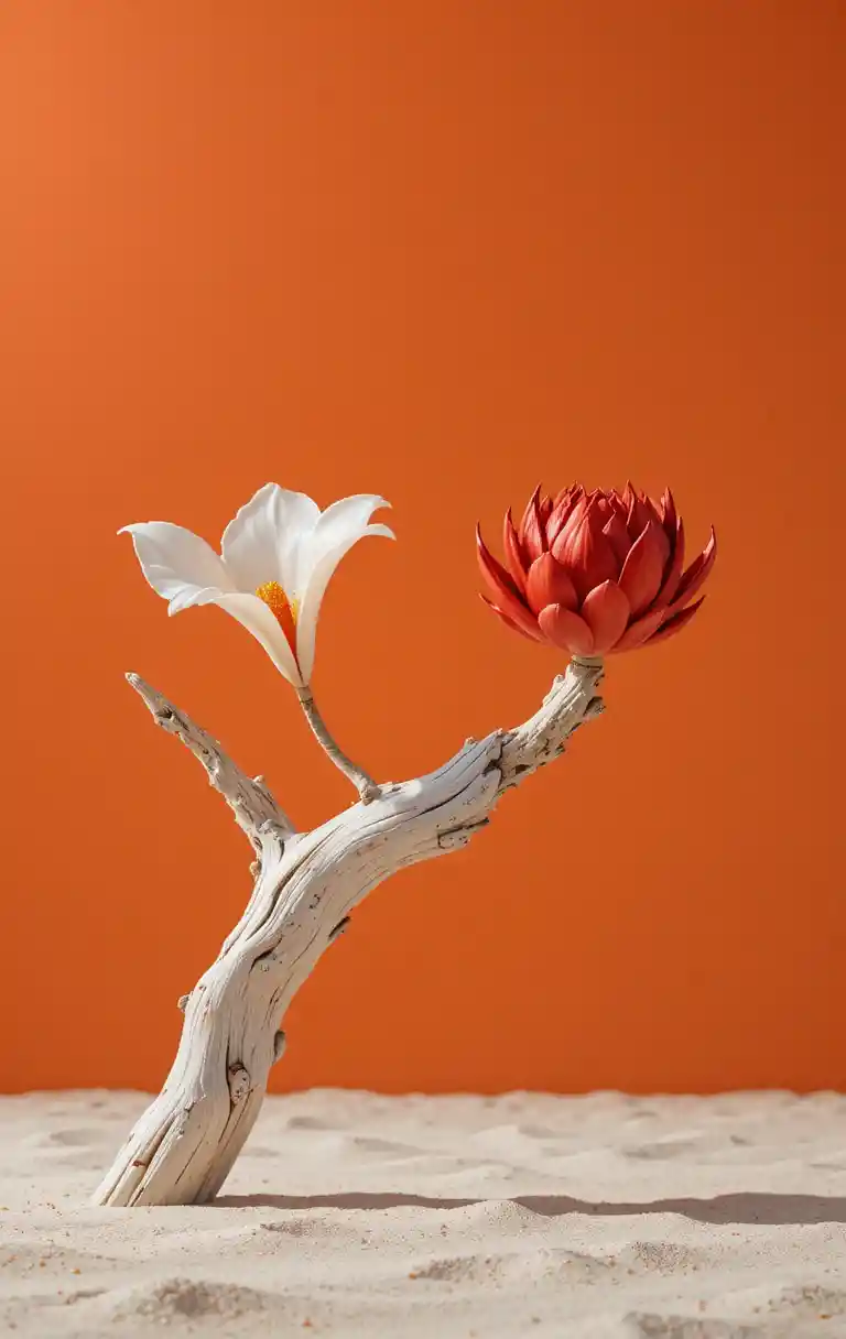 A Curving Driftwood Branch Holds Two Glossy Ceramic Flowers Against Orange