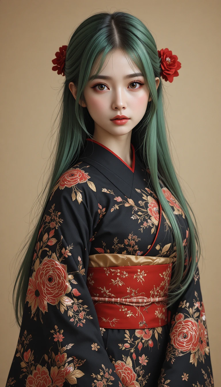 米色漸層背景前，身穿花卉圖案和服的年輕日本女性